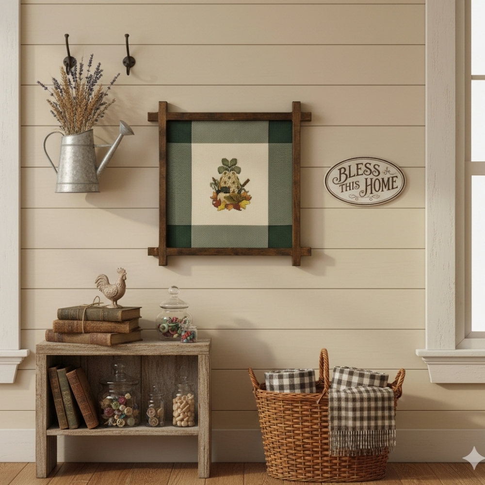 Wood Framed Completed Cross Stitch Pineapple Autumn Harvest Mallard Duck Cattail